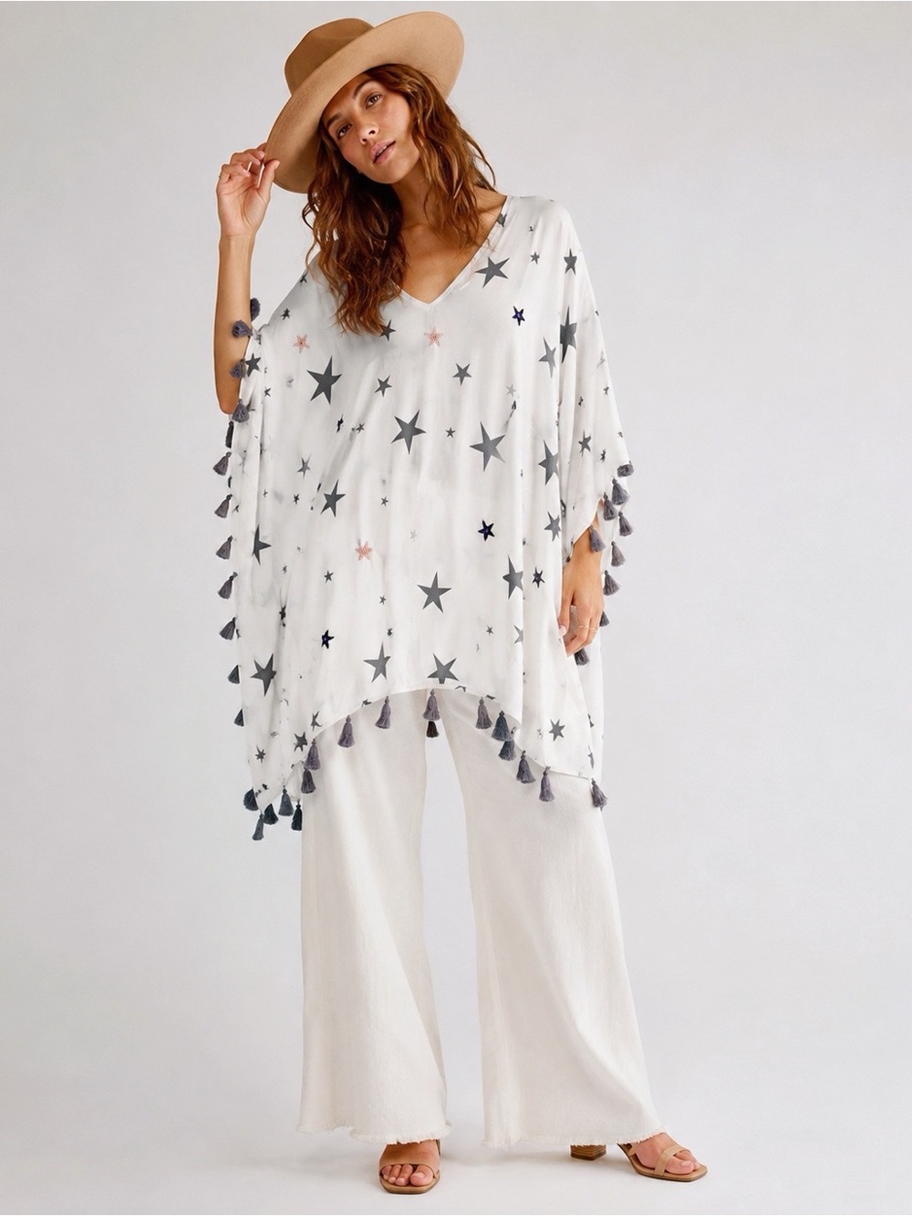 Surf Gypsy Woman Cream Star Tasseled Relax Poncho Top LARGE Boho Beach Coastal